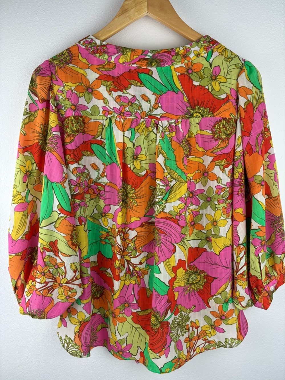 Rose + Olive Floral Tie Front Blouse Medium Bright Boho High Low Top M - Picture 5 of 7